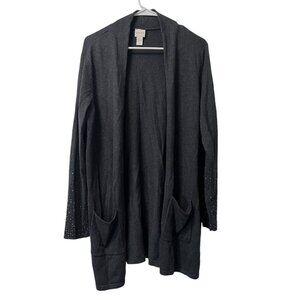 Chico’s Open Front Long Cardigan Sweater Gray‎ Beaded Embellished Sleeve Size 2